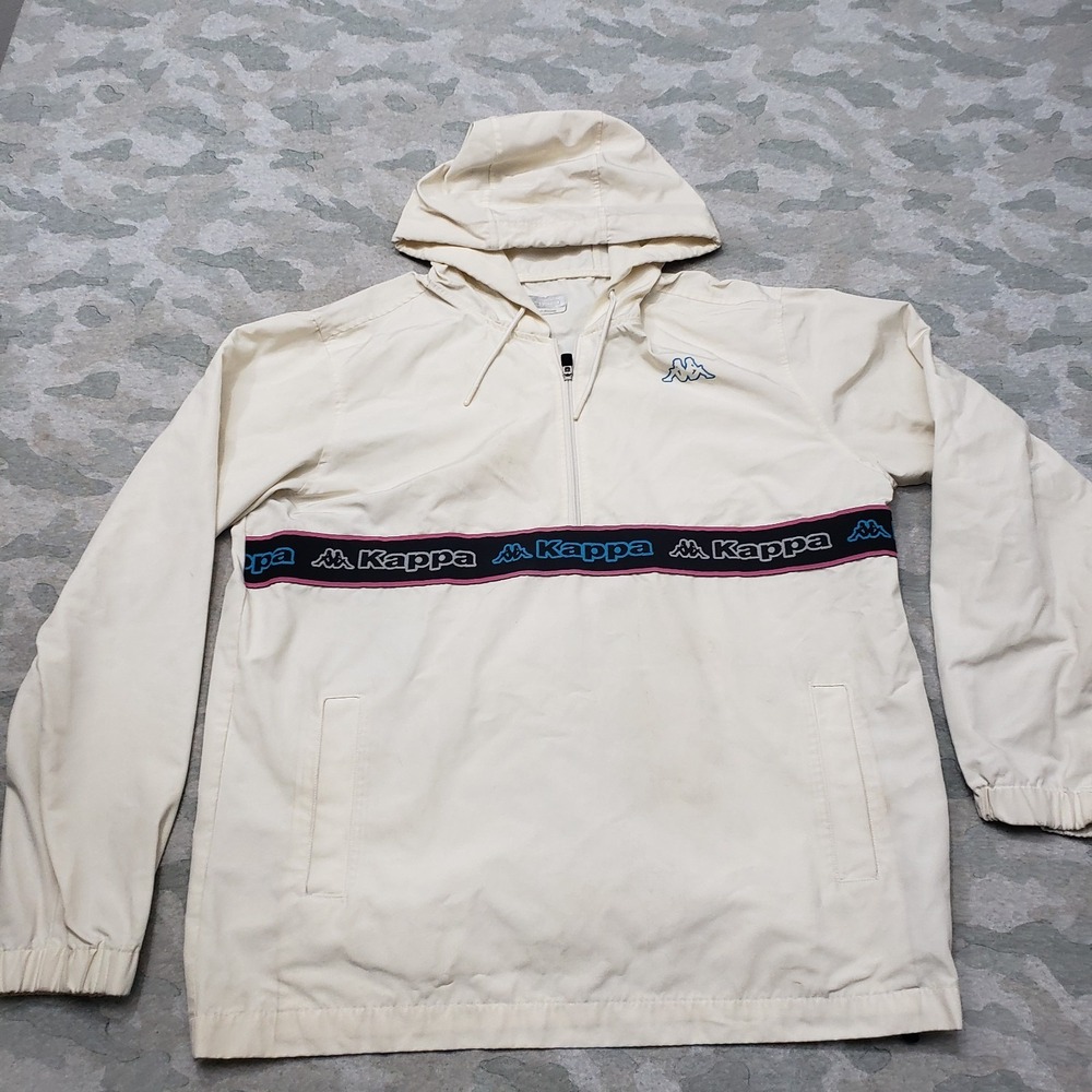 Kappa Track Jacket‎ Mens XL Beige Windbreaker Quarter Zip Hooded